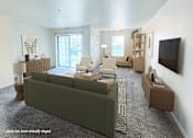 Thumbnail 1 of 33 - A living room with a green couch and a television on the wall.