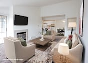 Thumbnail 2 of 33 - A living room with a fireplace, two couches, and a television.
