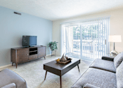 Thumbnail 1 of 8 - A living room with a grey couch, a wooden coffee table, a television, and a plant.