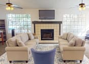 Thumbnail 12 of 30 - A living room with a fireplace, a television, and a rug.