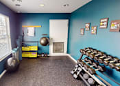 Thumbnail 27 of 30 - A gym room with a blue wall and a white door.