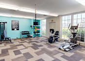 Thumbnail 17 of 33 - A gym with a variety of equipment including a treadmill, a stationary bike, and a rowing machine.