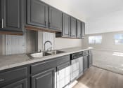 Thumbnail 9 of 33 - a large kitchen with black cabinets and a sink