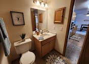 Thumbnail 14 of 28 - A bathroom with a toilet, sink, mirror, and a rug.
