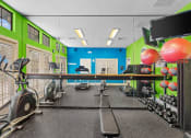 Thumbnail 19 of 29 - a gym with weights and cardio equipment in a room with green and blue walls