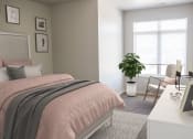 Thumbnail 9 of 23 - a bedroom with grey walls and a pink bedspread