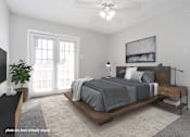 Thumbnail 3 of 34 - A bedroom with a bed, nightstand, and a ceiling fan.