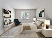 Thumbnail 4 of 23 - A modern bedroom with a large bed, a chair, and window