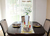 Thumbnail 6 of 19 - A dining table set with plates and napkins with a vase of flowers in the middle.