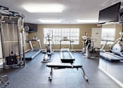 Thumbnail 15 of 19 - A gym with a variety of equipment including treadmills, weights, and exercise machines.