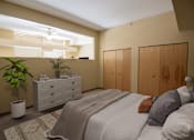 Thumbnail 11 of 30 - A bedroom with a bed, dresser, and plant.
