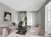 Thumbnail 4 of 11 - a living room with white couches and a coffee table