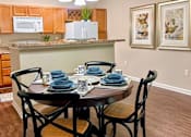 Thumbnail 8 of 20 - A dining room with a table set for two.