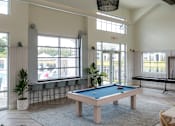 Thumbnail 10 of 42 - A pool table is in the middle of a room with a view of the outside.