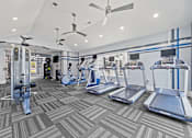 Thumbnail 13 of 19 - A gym with treadmills, elliptical machines, and other exercise equipment at Heights at New Garden apartments in Greensboro, NC.