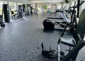 Thumbnail 13 of 15 - A gym with a variety of equipment including treadmills, weights, and a fan at River Ridge Apartments in Asheville, NC