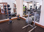 Thumbnail 18 of 20 - A gym with a mirror, weights, and exercise balls.