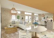 Thumbnail 18 of 19 - Clubhouse living room with a white sofa, a round table, and a woven coffee table.