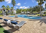Thumbnail 9 of 27 - Pool surrounded by palm trees and lounge chairs with blue cushions.