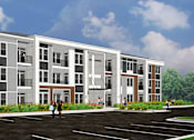 Thumbnail 20 of 21 - A modern apartment building with a parking lot in front.