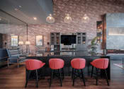 Thumbnail 3 of 34 - a bar with red chairs in front of a kitchen with a tv