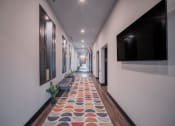 Thumbnail 26 of 34 - a long hallway with a colorful rug and a television on the wall