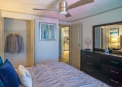 Thumbnail 10 of 49 - Bedroom in the Retreat at Indian Lake apts in Hendersonville with modern ceiling fan, closet, and six-drawer dresser with vanity mirror.