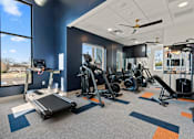 Thumbnail 17 of 27 - The Canvas Apartments in Nashville with fitness center with a variety of equipment including treadmills, weights, and a television.