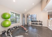 Thumbnail 27 of 37 - Fusion 35 gym with a bench, weights, and exercise balls.