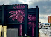 Thumbnail 17 of 18 - A large mural of pink palm trees on a dark wall at Fusion Hollywood Apartments in Los Angeles (previously Alta Ink Apartments).