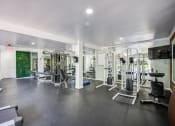Thumbnail 12 of 15 - Fitness center in Fusion Warner Center luxury apartments in Woodland Hills with weight training machines facing large mirror wall.