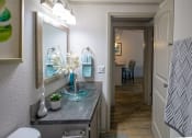 Thumbnail 15 of 49 - Bathroom in the Retreat at Indian Lake one bedroom apartment in Hendersonville with glass basin sink on large vanity.