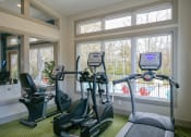 Thumbnail 31 of 49 - Gym at the Retreat at Indian Lake apartment complex in hendersonville with three different cardio machines facing out a large window.