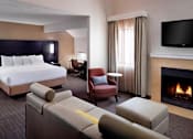 Thumbnail 1 of 18 - A furnished apartments in Buckhead Atlanta with a large bed, a fireplace, and a television.