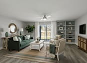 Thumbnail 2 of 38 - A living room with a green couch, a white coffee table, and a large window with a view of the outside at Mandarin Bay Apartments.