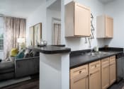 Thumbnail 3 of 25 - Open-concept living room and kitchen with modern cabinetry and a convenient countertop at The Coleman