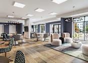 Thumbnail 6 of 14 - A modern interior with a variety of seating options and a view of the outdoors.
