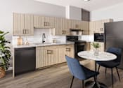 Thumbnail 5 of 14 - A modern kitchen with a dining table and chairs.
