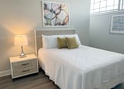 Thumbnail 8 of 19 - A bed with a white comforter and two pillows sits next to a nightstand with a lamp on it.