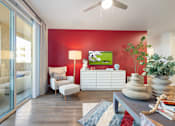 Thumbnail 5 of 11 - A living room with a red wall and a white cabinet.