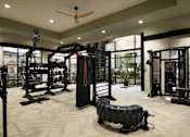 Thumbnail 11 of 22 - A gym with a variety of equipment including a squat rack, bench press, and a rowing machine.