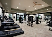 Thumbnail 12 of 22 - A spacious gym with treadmills, weights, and a ceiling fan.