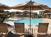 Thumbnail 2 of 14 - A poolside scene with chairs and umbrellas.