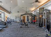 Thumbnail 10 of 24 - A spacious gym with a variety of equipment including treadmills, weights, and exercise machines.
