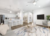 Thumbnail 31 of 51 - a living room and kitchen with white walls and a blue and white rug