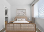 Thumbnail 28 of 51 - a bedroom with a large window and a bed with a rattan headboard