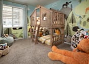 Thumbnail 31 of 34 - A child's room with a wooden bunk bed and a large teddy bear.