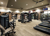 Thumbnail 9 of 34 - A gym with a variety of equipment including treadmills, weights, and a television.