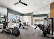 Thumbnail 17 of 56 - A gym with a variety of exercise equipment including treadmills, stationary bikes, and weight machines.
