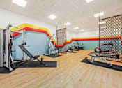 Thumbnail 19 of 34 - a gym with weights and other exercise equipment and a wall with graffiti